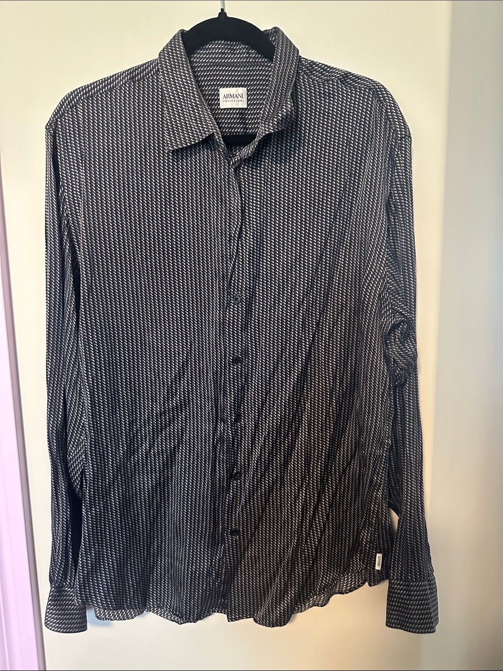 Giorgio Armani Black Micro-Pattern Long Sleeve Dress Shirt 100% silk